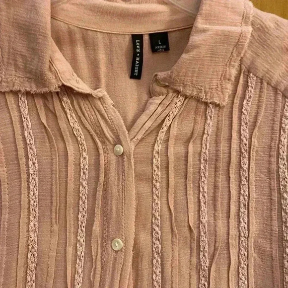 Women's Pink Cotton Gauze Frayed Boho Collared Blouse Large Love Haight - Picture 3 of 13